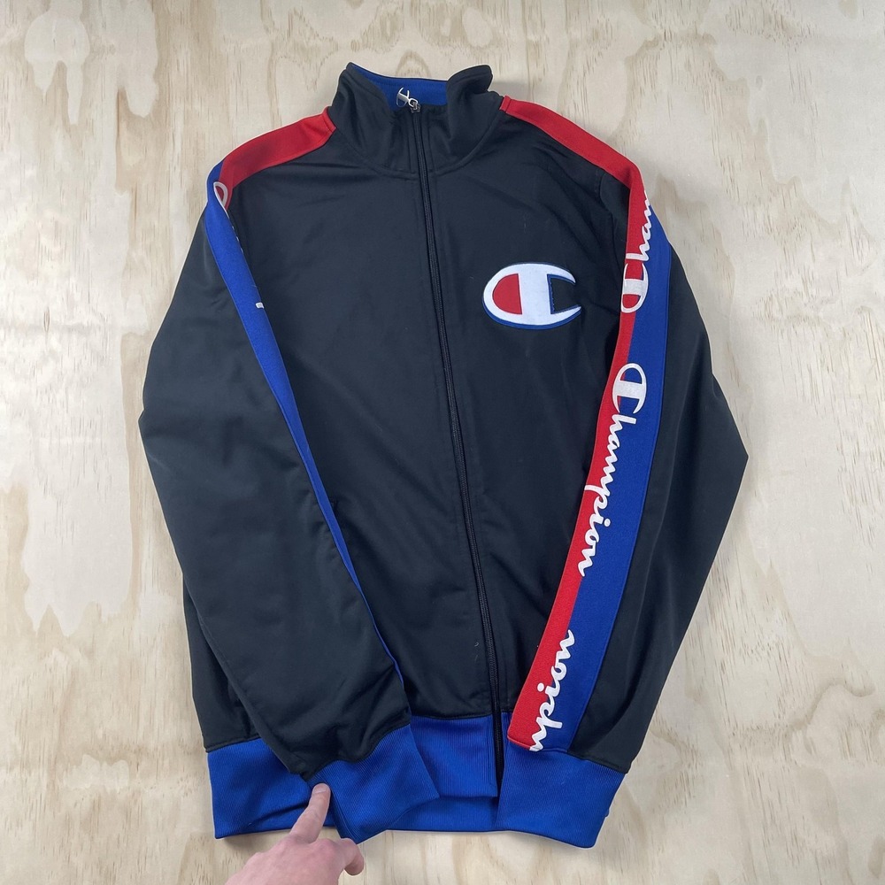 Champion Track Jacket Mens Medium Black Colorblock Full Zip‎ Logo Tape Athletic